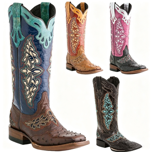 Chaussures western rétro personnalisées pour femmes, broderies, bottes de cow-boy, bout carré, cuir, talon épais, bottes western pour filles - Product Image 1