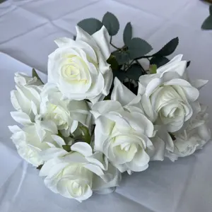 משי מלאכותי לבן מרכזי פרח פרחים מלאכותיים 9 ראשים זר ורדים צרור לחתונה