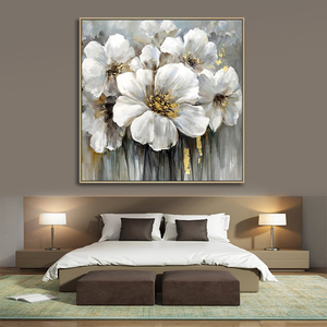 Toile à l'huile de fleurs blanche et or abstrait fait à la main, 5 m, peinture murale, Art - Product Image 6
