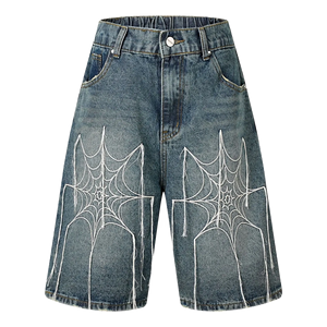 <span class=keywords><strong>Short</strong></span> baggy <span class=keywords><strong>en</strong></span> denim à jambes larges, brodé sur mesure, taille élastique, bleu délavé, cinq poches, style streetwear, Y2K - Product Image 1