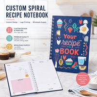 Carnet de recettes spirale personnalisé bleu marine avec couverture illustrée colorée sur le thème alimentaire, pages de planification de repas, impression de logo, vente en gros