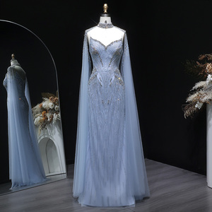 Jancember LSZ151 Luxury Blue Evening <strong>Dress</strong> Mermaid Beaded Prom Gown With Cape Sleeve Party - Product Image 1