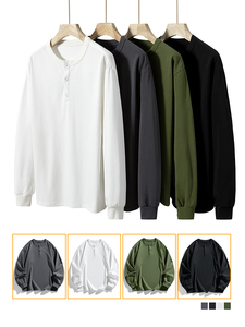 T-shirt à manches longues pour homme, col Henley, couleur unie, coton, décontracté, coupe classique, respirant, tricoté, blanc, noir, gris, vert - Product Image 3