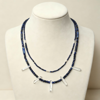 Collier artisanal à double rang en lapis-lazuli, pendentif en quartz clair naturel, style ethnique, collier long à plusieurs couches de perles