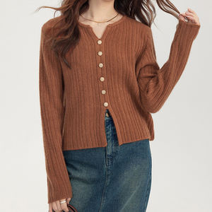 <span class=keywords><strong>Cardigan</strong></span> da Donna in Maglia a Coste Color <span class=keywords><strong>Cammello</strong></span> con Bottoni Rotondi - Top Corto Comodo per Uso Quotidiano - Product Image 4