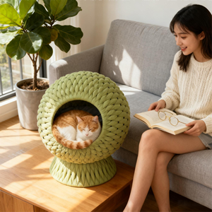 Домик для кошек ручной работы, комфортное премиальное плетеное лежанка-гнездо, очень мягкий домик-пещера для котят и кошек всех размеров (для использования в помещении) - Product Image 1