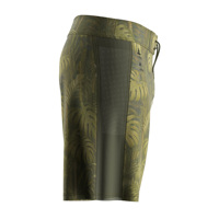 Shorts de plage unisexes vert olive, motif floral Monstera, poche arrière à rabat, œillets métalliques intégrés, panneaux latéraux en maille, séchage rapide