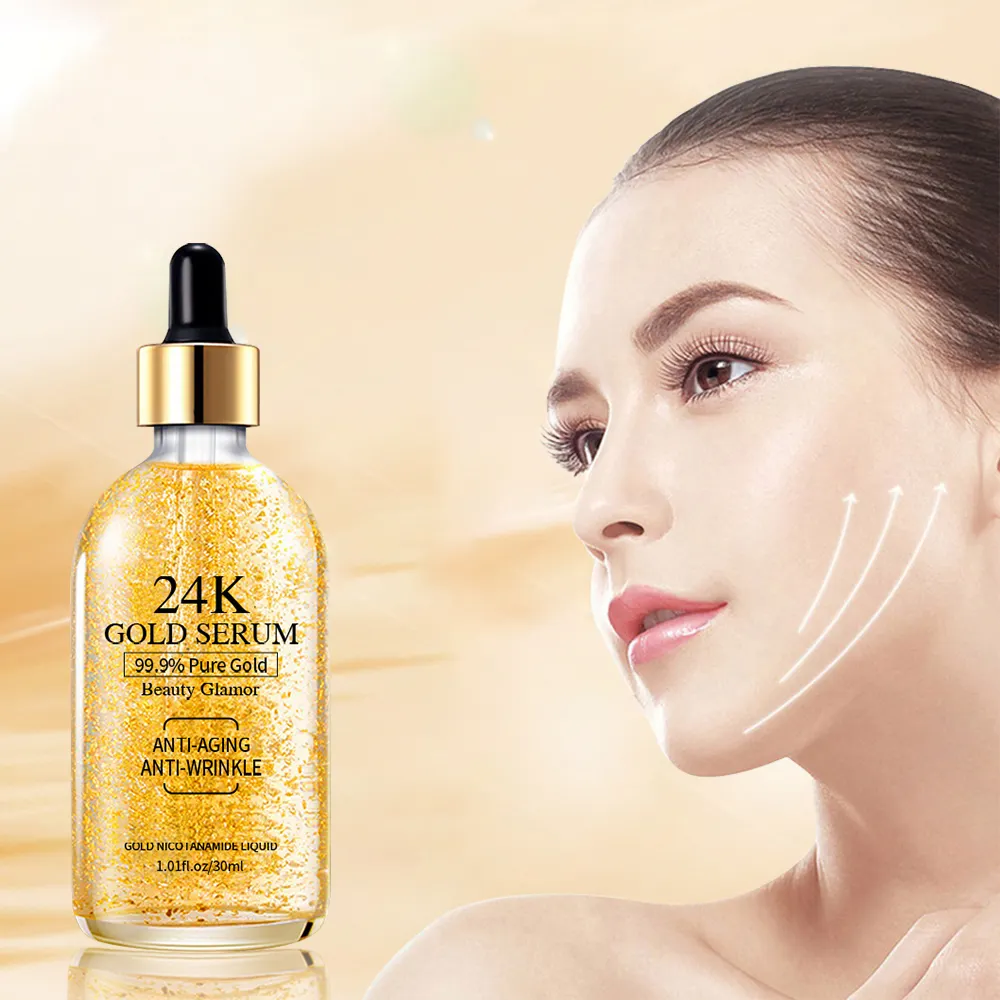 Suero facial de oro 24K personalizado, suero orgánico de marca privada para blanquear la cara, suero de oro 24K antienvejecimiento