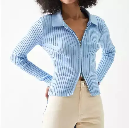 Factory Oem New Design Cardigans Customized Turn Down Collar Plain Color Zip Up Ribs Women Sweater Slim Cardigan