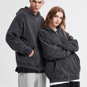 Sweat à capuche zippé en laine épaisse 420g, 100% coton, style rétro vieilli, bords déchirés, coupe ample, effet délavé à l'acide - Product Image 1