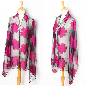 बहु रंग कढ़ाई डिजाइन रेशम ऑर्गेंज़ा शॉल स्कार्फ - Product Image 5