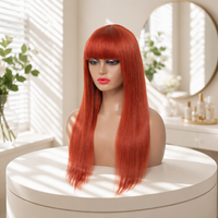 Frange latérale longue et droite # Perruque en cheveux humains roux auburn 350, perruque fabriquée à la machine, cheveux humains naturels lisses, perruques en cheveux humains réels pour femmes noires