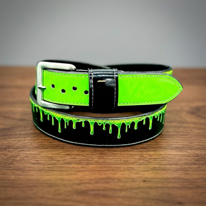 Ceinture de baseball réversible en cuir de vachette avec imprimé goutte de peinture vert fluo, base noire, boucle rectangulaire argentée, style décontracté - Product Image 2
