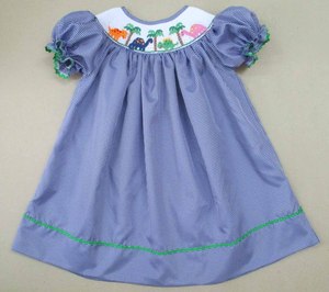 Vestido de niña pequeña con estampado de dinosaurios, azul a cuadros, bordado, manga corta, para fiesta de verano, estilo vintage - Product Image 4