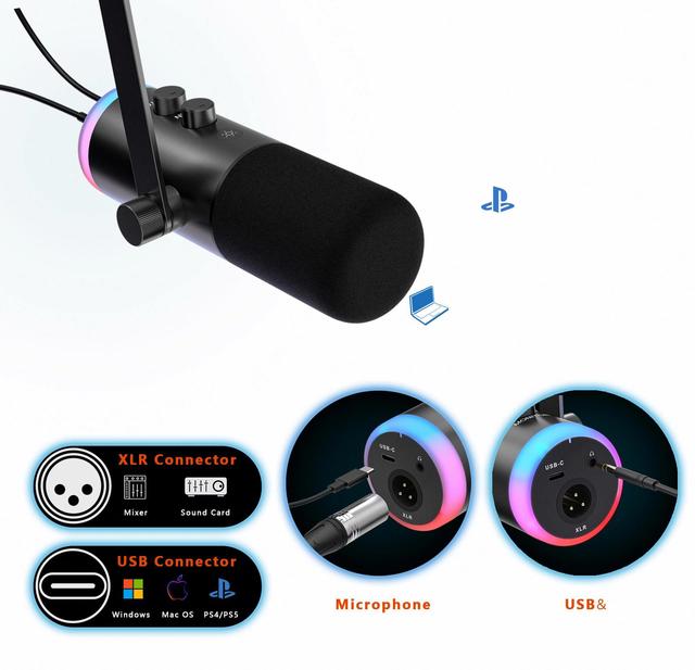 NEW Dynamic USB XLR Gaming Microphone with RGB Lighting Type-C Connector for Professional Audio Studio Recording