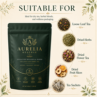 Sachet Doypack refermable à fermeture éclair, vert mat et or, de qualité alimentaire, imprimé sur mesure, pour thé en vrac et herbes, pochette verticale – Vente directe usine
