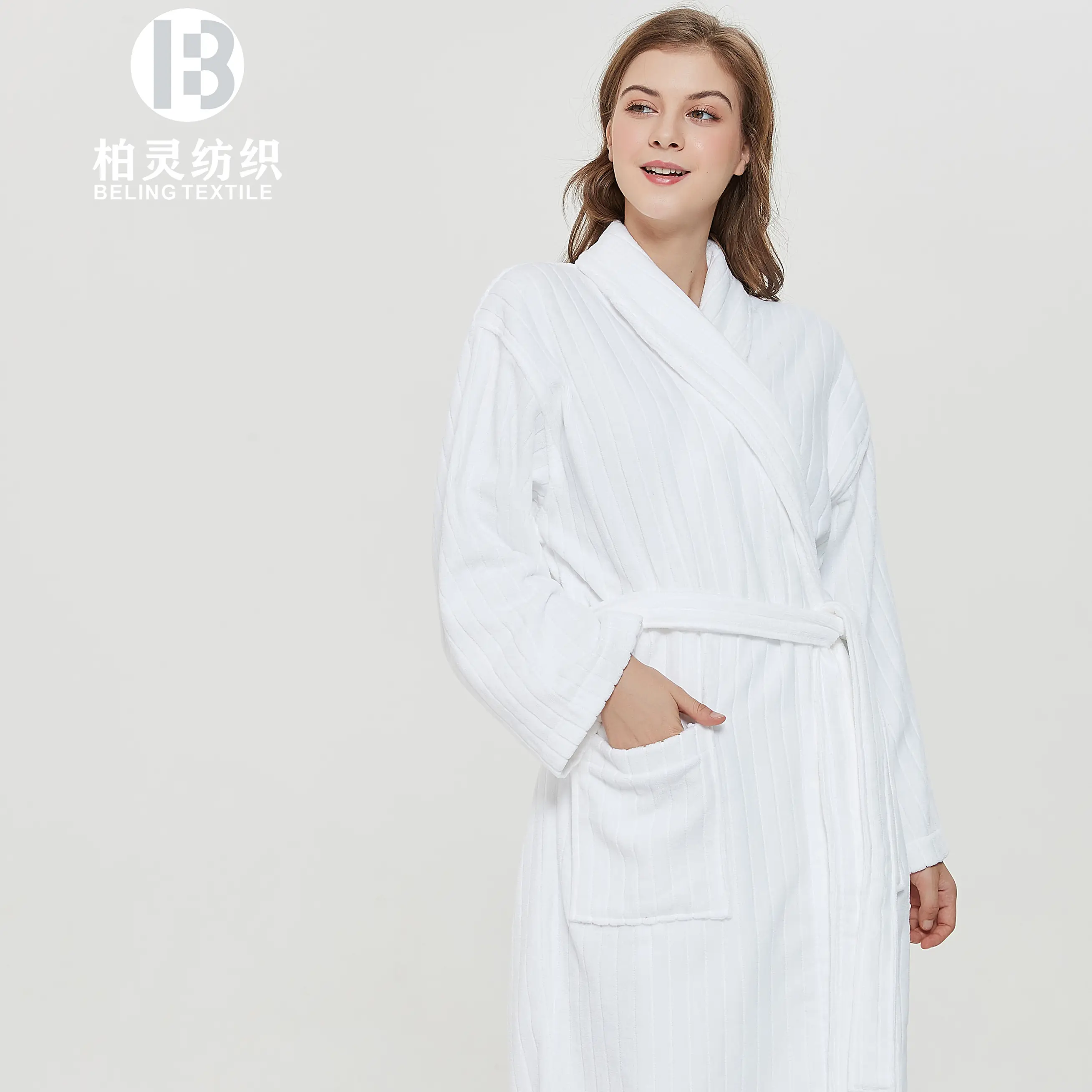 Hoge Kwaliteit Westin Hotel Custom Witte Sjaal Kraag 100% Katoenen Streep Velours Badjas Vrouwen Badjas