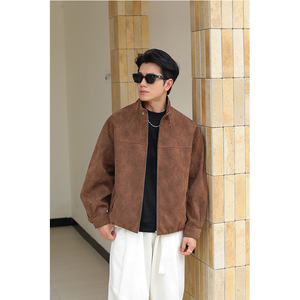 Veste en similicuir vintage à col montant pour homme, tissu de base en viscose enduit PU avec doublure en polyester pour l'automne et le quotidien - Product Image 1