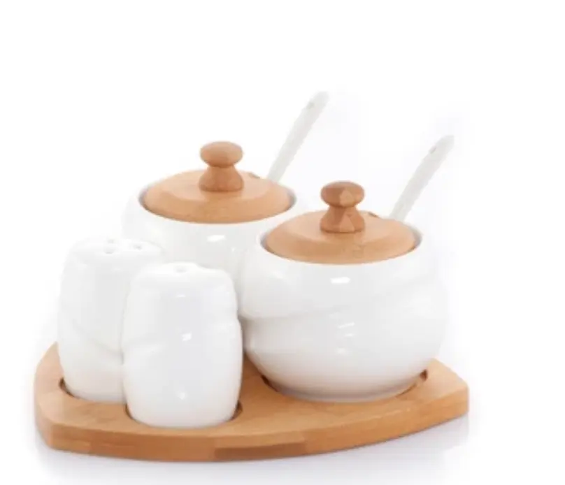 Ciotole classici con Cucchiai e sale pepe shaker set in ceramica e legno da tavola classico zucchero ciotola di latte brocca