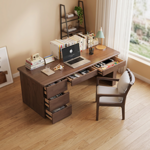 Wood Computer <b>Desk</b> with Drawers and Bookshelf Storage for Home Office Workspace Furniture Set - Product Image 5