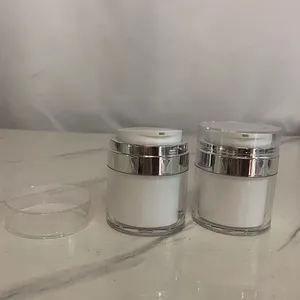 Hengjian 15g 30g 50g 30ml 50ml Envase vacío para loción de crema de ojos Frascos de polvo acrílico blanco Frasco de bomba sin aire cosmético de doble pared