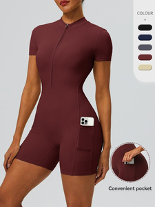 Mono de yoga de manga corta con cremallera para <span class=keywords><strong>mujer</strong></span>, estilo europeo-americano, con bolsillos funcionales, levantacaderas, ajustado, personalizable, deportivo, de una pieza. - Product Image 1