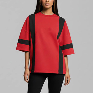 T-shirt ample pour femme, col rond, coloris rouge et noir, manches trois quarts, coupe décontractée, en coton tricoté, style décontracté, 140 g/m² - Product Image 1