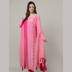 Ensemble de costume palazzo 3 pièces élégant pour femme, 3 tons de rose avec perles et broderies, look traditionnel et stylé - Product Image 1