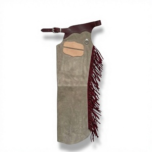 Chaps Vaqueros Personalizados de Cuero Rugoso Gris de Cintura Alta sin Mangas con Flecos y Borlas Color Borgoña Unisex para Montar a Caballo - Product Image 1