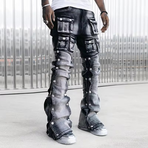 Vintage Streetwear Long Draw <strong>String</strong> Men's Streetwear Clothing Manufacturer Shiny Rhinestone Straight Wide Leg <strong>Jeans</strong> Denim Pants