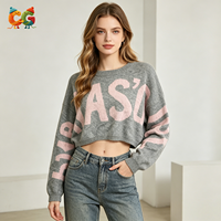 Camiseta Gráfica Vintage para Mujer al por Mayor CG, Cuello Redondo, Manga Larga, Estilo Y2K, Patrón de Letras, Top Corto de Punto para Otoño, Estilo Europeo