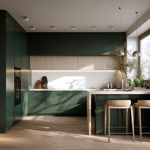 Service de meubles de <span class=keywords><strong>cuisine</strong></span> de luxe à guichet unique Armoires modernes vert foncé mat avec dessus en marbre et accent <span class=keywords><strong>LED</strong></span> pour la maison d'hôtel - Product Image 4