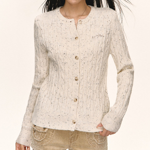 <span class=keywords><strong>Cardigan</strong></span> da Donna in Maglia a Trecce Crema con Motivo Maculato - Top Casual Retrò per Uso Quotidiano - Product Image 6