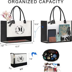 Grande Tote Bag in tela bianca e nera per regali personalizzati per la festa della mamma, borsa <span class=keywords><strong>con</strong></span> cerniera <span class=keywords><strong>con</strong></span> <span class=keywords><strong>iniziali</strong></span> <span class=keywords><strong>ricamate</strong></span>, manico in pelle - Product Image 3