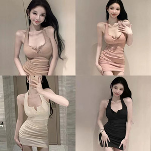 Halter Neck Bodycon Mini Dress Tight Waist Solid Color Party Casual Dress Khaki Pink Black Apricot HC-650 - Product Image 1