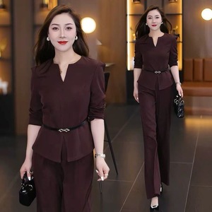 Women's Suit Set Slim Fit V Neck Top Wide Leg Pants Black Polyester Crepe Anti Wrinkle Casual Professional Two Piece Set - Product Image 3