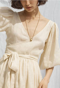 Di modo A Vita Alta Profondo Scollo A V Mezza Manica Bendato Delle Donne Vestito <span class=keywords><strong>Lungo</strong></span> di Lino - Product Image 2