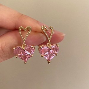 Heart-Shaped Pink Zircon Stud Earrings Gold Plated Copper 925 Silver Ear Post Everyday Wear - Product Image 1