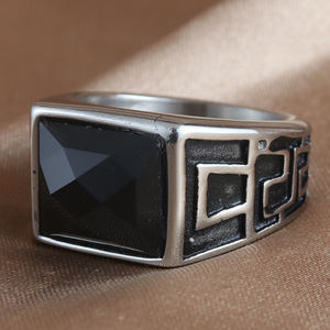 European American Style <b>Titanium</b> Steel <b>Black</b> Gemstone <b>Ring</b> Geometric Design Women's Punk Fashion Jewelry Gift 2709 - Product Image 1