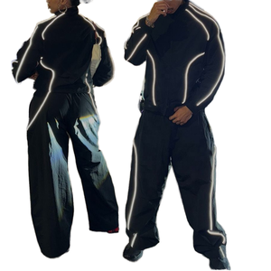 Custom Black Nylon Tracksuit Set, Unisex Zip-Up <b>Track</b> <b>Jacket</b> and Jogger Pants, Reflective Zipper Sportswear Windbreaker Set - Product Image 1