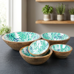 Ensemble de bols en bois émaillé faits à la main, design feuille tropicale, ensemble de bols à salade, ensemble de bols à fruits en bois - Product Image 3