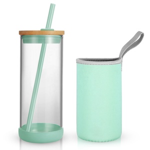 Vente chaude 20oz verre gobelet plongée tissu manchon bulle thé tasses haute borosilicate avec couvercle en bambou bouteilles d'eau randonnée - Product Image 4