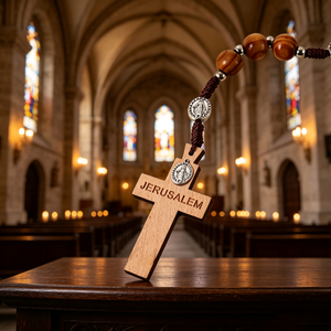 Collier de prière en bois avec perles et crucifix en argent INRI, bijoux religieux chrétiens unisexes, faits à la main, plaqué antique - Product Image 4