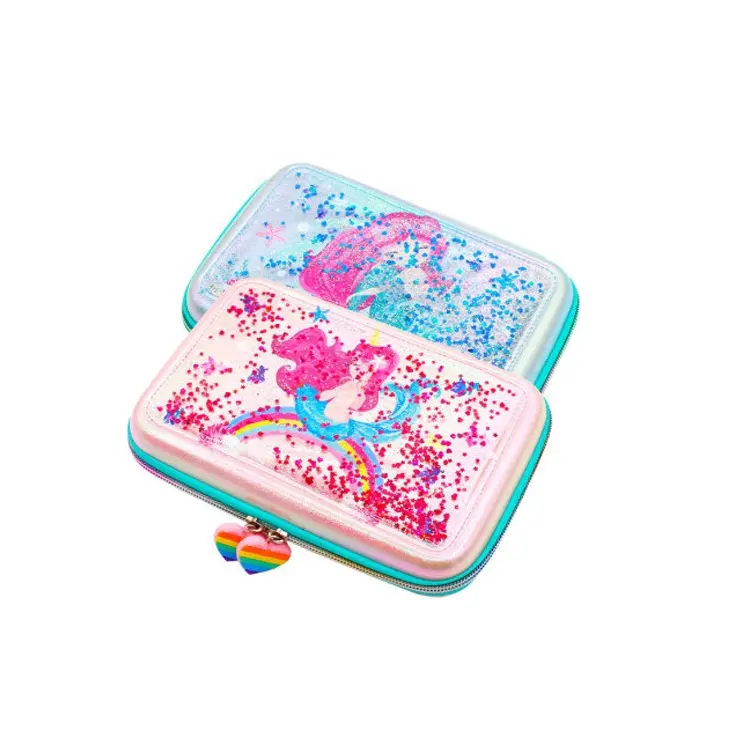 Custom Printing Unique Stationery Box Hard EVA Cases Leather Liquid Quick Sand Pen Cases For School Students Girls Pink Unicorn