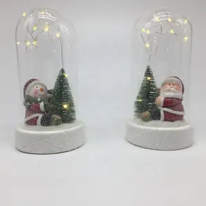 精致的圣诞圣诞老人雪人树，带led灯在透明的玻璃圆顶盖，带瓷器底座