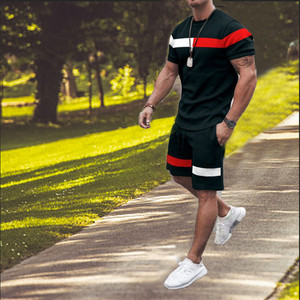 Truen 2023 nuovo Design <span class=keywords><strong>abbigliamento</strong></span> <span class=keywords><strong>estivo</strong></span> da <span class=keywords><strong>uomo</strong></span> manica corta sportivo <span class=keywords><strong>Casual</strong></span> Set Ebya Patchwork striscia girocollo tuta da <span class=keywords><strong>uomo</strong></span> - Product Image 3