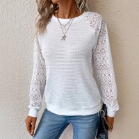 Haut en tricot pointelle pour femme, manches longues en dentelle, col rond, coupe ajustée, chemisier décontracté pour le printemps et l'automne