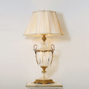 Lampe <span class=keywords><strong>de</strong></span> table <span class=keywords><strong>de</strong></span> luxe en laiton et verre cristal, abat-jour cloche en tissu plissé, urne bleue cannelée classique, pour chevet, bureau, hôtel, villa, salon - Product Image 3