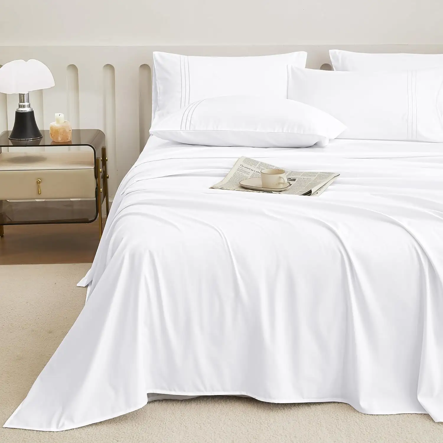 300tc White Hotel Bed Sheet High Quality 5- Star Sateen 100% Egyptian Cotton Bedding Set