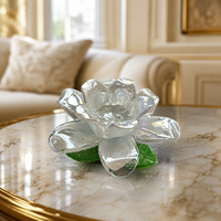Porte-bougie en verre transparent Lotus, porte-bougie artisanal en forme de fleur avec feuilles vertes pour la décoration de table à la maison